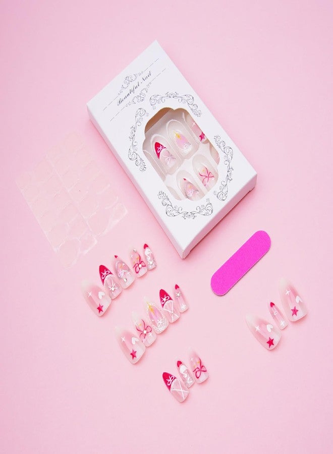 KKUUOO 24Pcs Pink Press on Nails, Almond Fake Nails with Love Bow Designs, Glossy False Nail, Full Cover Acrylic Stick on Nail for Women Nails Manicure Decoration - Image 4